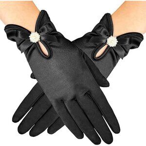Women's Elegant Short Flower Satin Bow Pearl Gloves Opera Dinner Party Design